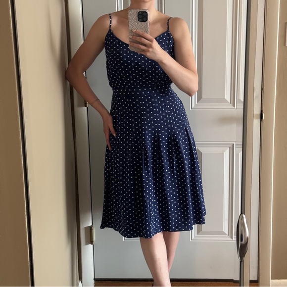 J.Crew 100% Silk Polka Dot Dress - Navy White - Size 12 - Fit & Flare - Picture 1 of 14